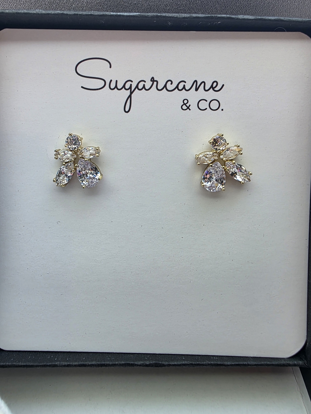 Gold Floral Crystal Stud Earrings - Clear Stones